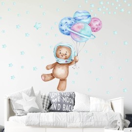 WANDKIND Bear Astronaut V304 Wall Sticker for Children's Room | Hand-Drawn | Sticker Nursery | Wall Sticker for Baby's Room Bear, Astronaut, Balloons, Stars (75 x 102 cm)