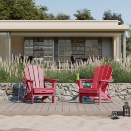 Ciokea Folding Adirondack Chair Wood Texture, Patio Adirondack Chair Weather Resistant, Plastic Fire Pit Chair with Cup Holder, Lawn Chair for Outdoor Porch Garden Backyard Deck (Red)