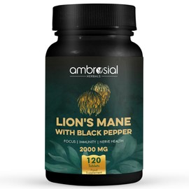 Ambrosial Lion's Mane with Black Pepper - 2000 mg - Enhances Focus, Boosts Immunity, and Supports Nerve Health - Highly Absorbent 100% Organic Lion's Mane Extract - 120 Tablets