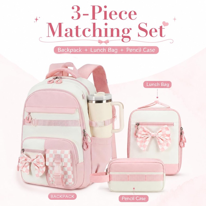 CAMTOP Girls Backpack with Lunch Box & Pencil Case Set,