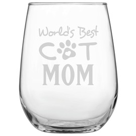 Laser Etchpressions World's Best Cat Mom Stemless Engraved Wine Glass • Present for Mom • Birthday • Mother's Day • Sister • Aunt • Cat Lover Gift