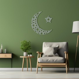 BONPERLA Islamic Wall Art, Metal Wall Art, Crescent Moon and Star Wall Decor, Home Office Living Room Decorations, Muslim Housewarming Gift (Silver, 35" L x 33" W, 5463)