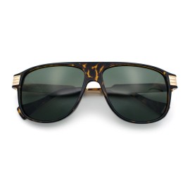 SA106 Polarized Mogul Mobster Flat Top Racer Mafia Plastic Fashion Sunglasses - Tortoise Gold - Green