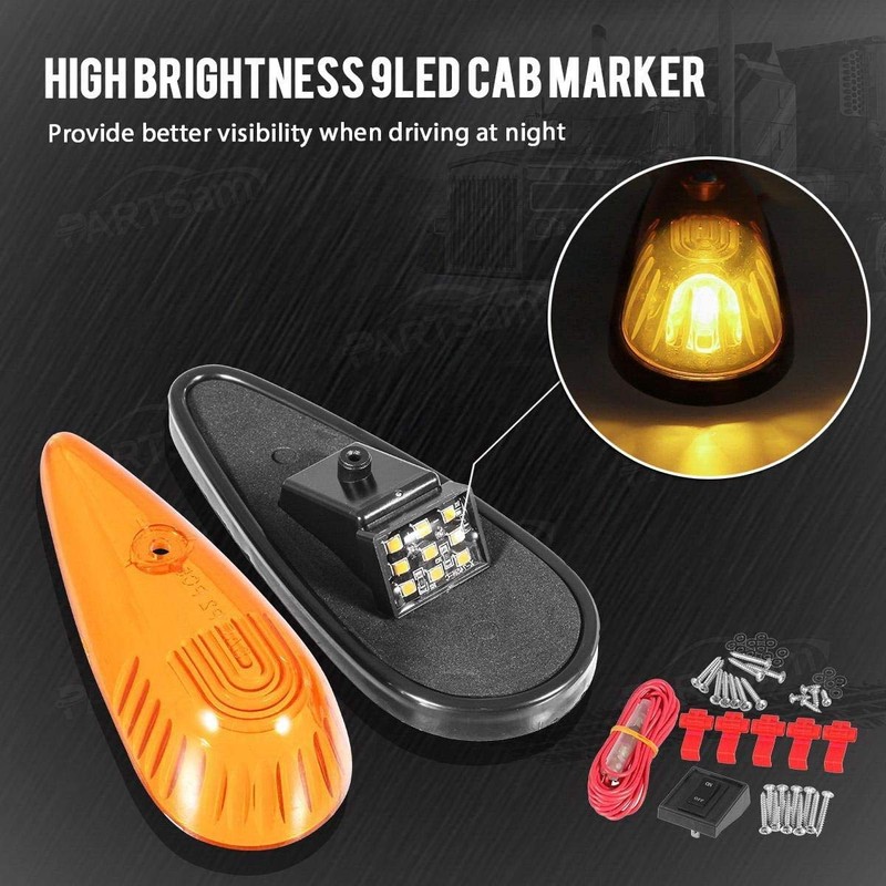 Partsam Amber Teardrop Cab Light 9LED Cab Marker Light 5pcs