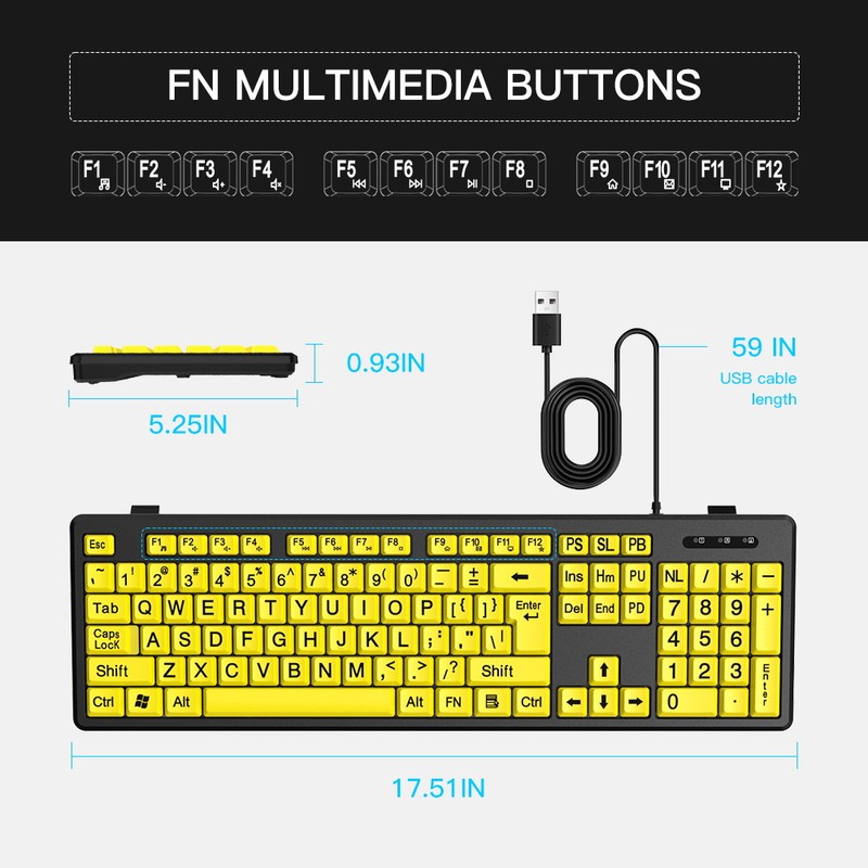 Wired Keyboard - Yellow Large Character Keyboard for Elderly,High Compatibility