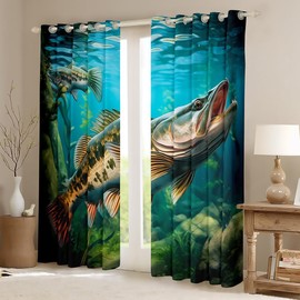 Big Pike Fishing Curtains for Bedroom Living Room Hunting and Fishing 30%-50% Blackout Curtains(2 Panels,W46*L54) Eat Small Fish Pattern Darkening Drapes Window Treatments