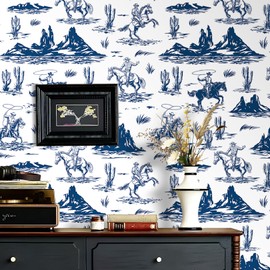 Stickyart Blue White Western Cowboy Peel and Stick Wallpaper 17.5"x276" Cowboy Horse Cactus Mountain Toile Wallpaper Removable Rustic Western Ranch Blue Wall Paper Self Adhesive for Accent Wall Drawer