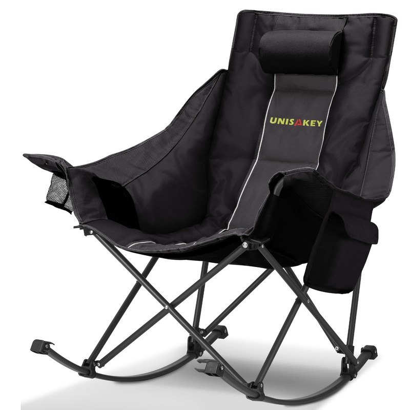 Unisakey Oversized Rocking Camping Chair with Headrest & Cup Holder