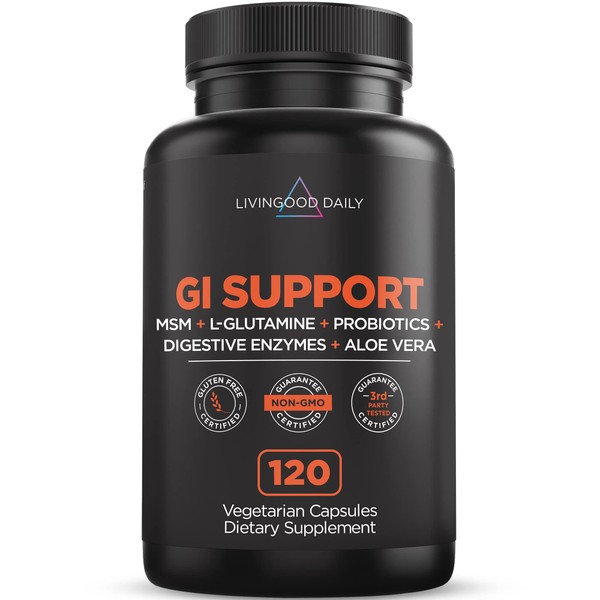 Livingood Daily GI Support - Leaky Gut Repair Supplements - 1000mg L Glutamine with MSM, Probiotics, Digestive Enzymes, Ox Bile, and Slippery Elm - Gut Health Supplements for Women & Men, 120 Capsules