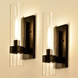 Hyperion house Indoor Wall Sconces Set of Two, Modern Black Bathroom Sconces Wall Decor with Cylinder Glass, Wall Lamps for Bedroom Hallway Vanity Kitchen Lighting Fixtures Set of 2
