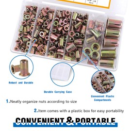 EilxMag Rivet Nut Tool Kit, 400pcs SAE & Metric Rivet Nut Assortment Kit, Carbon Steel Flat Head Inserts Nutserts for Metal(Standard #6 to 1/2, M3 to M12, 14 Sizes)