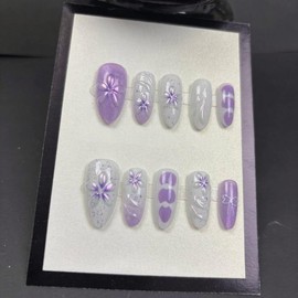 Handmade Press on Nails Medium Almond Fake Nails with Flower Charm Design Silver Glitter False Nails Bow Glue on Nail Glossy Ombre Purple Stick on Nail for Women Girls Manicure 24Pcs