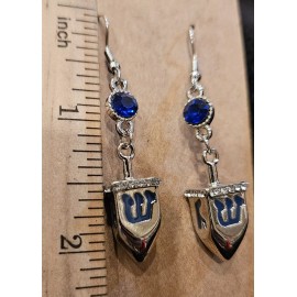 Fashion Jewelry DREIDEL EARRINGS W/BLUE GEM STONE HANUKKAH CHANNUKAH. "GIMEL" "HAY" "NUN" "SHIN"