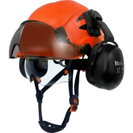 RDSGSO Safety Hard Hats with Visor and Ear Muffs Vented Lightweight 6 Points Suspension Construction Safety Helmet ANSI Approved (08C-Orange-CTV-B02E)