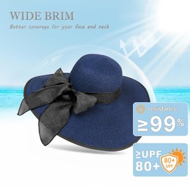 Women Beach Sun Hats, Big Wide Brim Straw Hat for Women UPF 80+ UV Protection, Summer Hats Packable Foldable (Dark Blue)