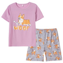 Hupohoi Big Girls Lovely Summer Cartoon Sleepwear Sets Cartoon Puppy Dog Corgi Pajama Sets Short Sleeve 2PCS Cotton Soft Nighty, Woof-Corgi, 16