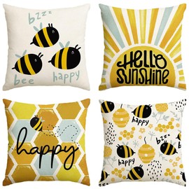 MAIGO 4Pcs Bee Cushion Covers 45 X 45 cm - Home Sofa Cushions, Outdoor 18x18 Inch Cushion Covers, Yellow Bee Pillow Covers Set of 4, Waterproof Cushion Covers, Bee Throw Gifts for Lovers