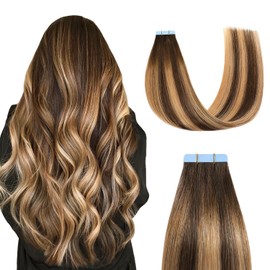Sunya Tape in Hair Extensions Human Hair Balayage Chocolate Brown to Caramel Blonde 22 Inch 50g/pack 20pcs Straight Seamless Skin Weft #P4/27/T4 Tape in Hair Extensions