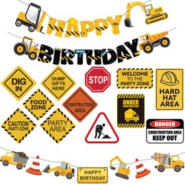 14 Packs Construction Happy Birthday Banner Vehicle Truck Garlands and Truck Cutouts Traffic Road Signs Birthday Party Decorations for Kids Boy Baby Shower Decorations (Construction)
