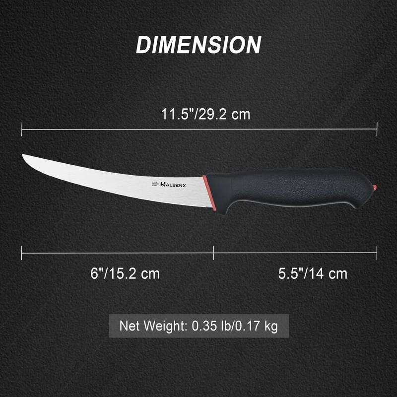 HALSENX Professional 6 Inch Curved Stiff Boning Knife -Non-Slip SoftGrip