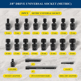 PRIDE&CRAFT 3/8" Drive Universal Impact Swivel Socket Set, 20 Piece Cr-Mo Steel Air Tool Accessories for Automotive & Machinery, 6-Point Universal Joint Socket, Metric,8-24mm,with Extension Bars