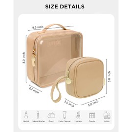 Travel Toiletry Bag for Women with Small Make Up Bag for Purse,Large Clear Toiletry Bag Lightweight Wide-open Travel Bag for Women, Cosmetic Makeup Bag Organizer(Handle-Sand, Large+Mini)