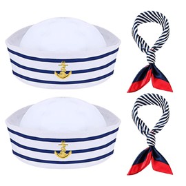 OUDQFCJ 2pcs Sailor Hat and 2pcs Scarf Striped Sailor Captain Hat Blue Rod Square Scarf Navy Outfit Costume Accessories for Men and Women