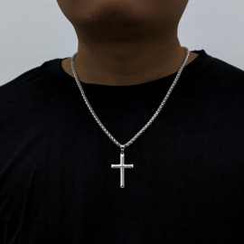 Idemana 925 Sterling Silver Cross Necklace for Men Women 4mm Stainless Steel Strong Durable Wheat Chain 18K White Gold Plated Beveled Edge Cross Pendant Necklace Jewelry 71