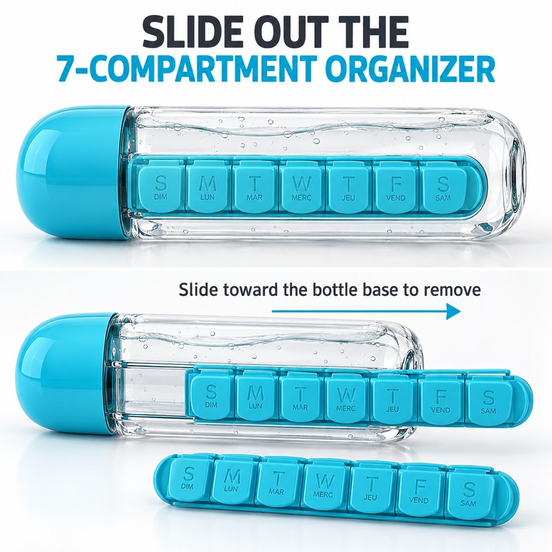 2 in 1 Water Bottle with 7 Day Pill Organizer