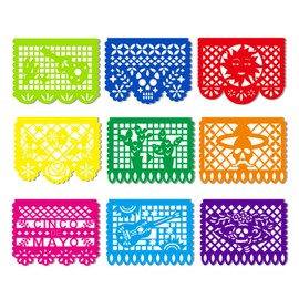PMLAND Mexican Cinco De Mayo Party Large Papel Picado Fiesta Plastic Banners, 9 Multi-Colored Panels 15-18 feet Long Hanging