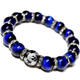 Blessing M'style Men's Natural Stone Bracelet, Blue Tiger Eye, Power Stone Bracelet, Five Prong Emperor Dragon Silver Carved, Onyx Natural Stone Bracelet, Good Luck, Luck, Includes Original Drawstring Bag, Gemstone, tiger's eye
