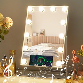 MISAVANITY Hollywood Mirror with Lights Speaker Vanity Mirror with Wireless Charging 3 Color Lighting Modes Detachable 10x Magnification Mirror 360°Rotation(White)