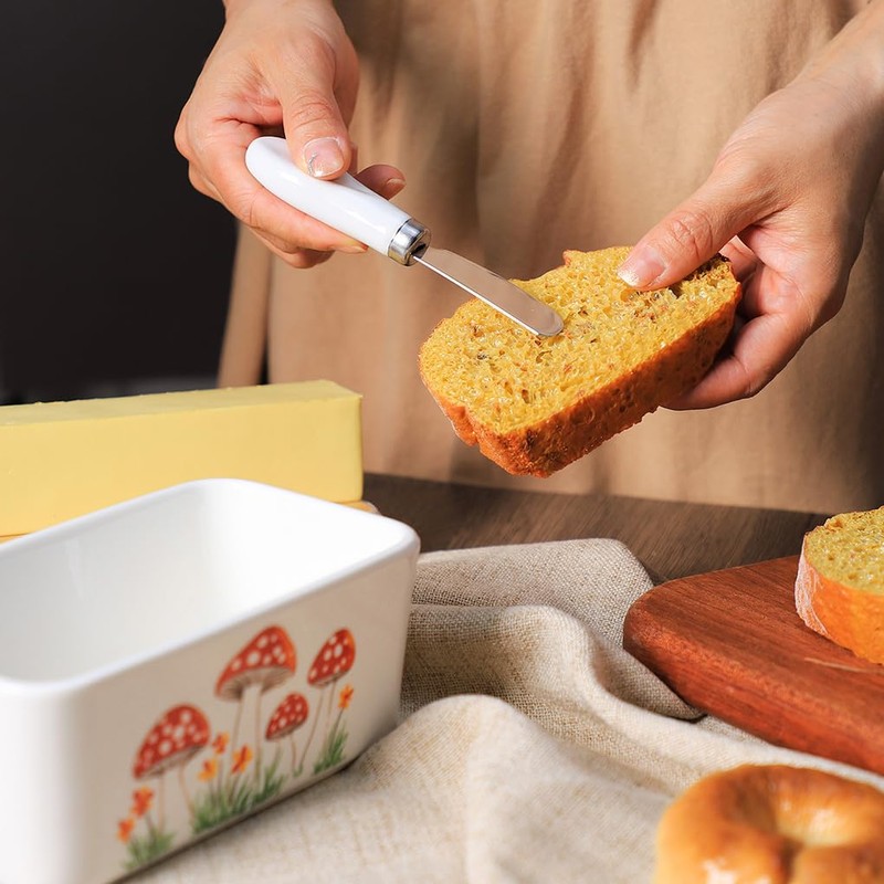 WAIT FLY Mushroom Ceramic Butter Dish with Bamboo Lid and