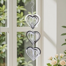 Iridsmole Stainless Steel Wind Spinner, 3D Garden Wind Spinners Decorations, Silver Garden Hanging Ornaments Indoor Outdoor, Love Heart Metal Wind Chimes to Scare Birds Away from Yard Patio Farm