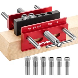 DAYDOOR 6.7'' Self Centering Doweling Jig, Wide Capacity Dowel Jig for Straight Holes, Adjustable Width Centering Jig with 6 Bushings and 3 Drill Bits(Red)
