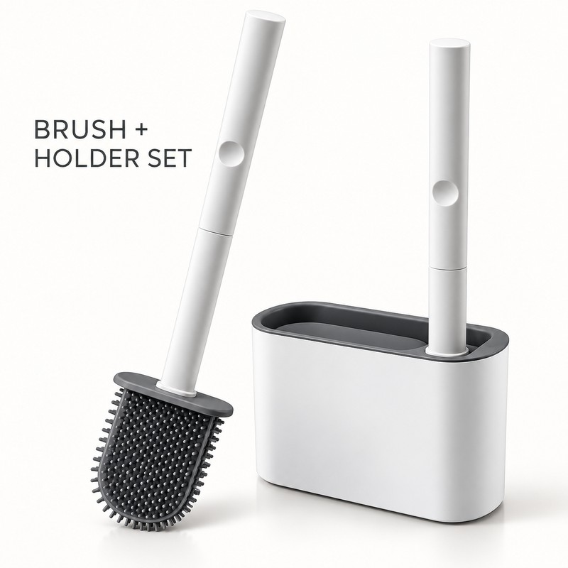 Flat Head Toilet Brush with Wall-Mounted Holder – Flexible Bathroom