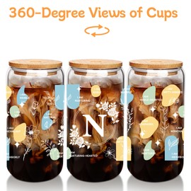 Mason Life Initial Glass Cups with Lids and Straws, Engagement Gifts for Her, 18 oz Iced Coffee Glass Cup with Lids Straw, Cute Glass Cups Inspirational Birthday Christmas Gifts for Women Girls (N)