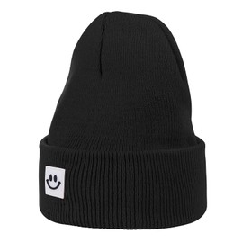 American Trends Men Women Beanie Hat Smiley Face Knit Cuffed Winter Hats Warm Soft Cute Plain Skull Beanie Hats for Outdoor Black One Size