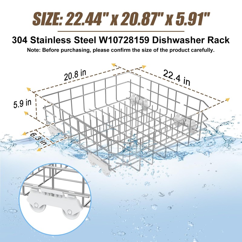 UPGRADED 304 Stainless Steel W10728159 W10525646 Dishwasher Bottom Rack Replacement
