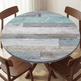 FIVZHH Farmhouse Round Fitted Table Cover with Elastic Waterproof Vinyl Wood Texture Outdoor Indoor Tablecloth Washable Wipeable Table Cloth for Picnic Camping (Green, 36"-44")