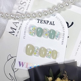 TENPAL Handmade Press on Nails Short Square Spring Summer Olive Green Nails Glue on Dopamine Mint Mambo Style Fake Nails with Butterfly Glitter Glossy False Nails with Jelly Glue Full Cover Tips(S)