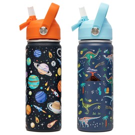 ACESAK 18oz Kids Insulated Water Bottle with Straw Lid - 18/8 Stainless Steel Kid Cup Travel Tumbler Double Wall Vacuum Leak Proof Portable Toddler Water Bottle (Space + Dinosaur)