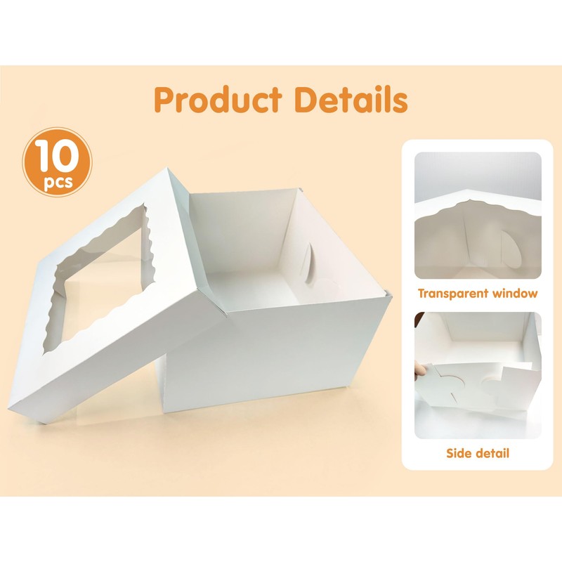 GoldenBakeryFamily 10 Pcs Cake Boxes,12x12x8 Inches White Bakery Boxe with