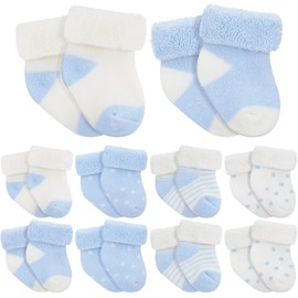 Twistover 10 Pairs Preemie Socks Preemie Baby Terry Socks Cotton Turn Cuff Preemie Socks NICU for Newborn Girls Boys Preemie (Blue, White)