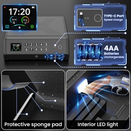 Gun Safe,3 Ways Biometric Pistol Safe with LCD Display of Temperature Humidity USB Port, Emergency Power Supply Gun Lock Box for Home Bedroom Bedside Nightstand and Car