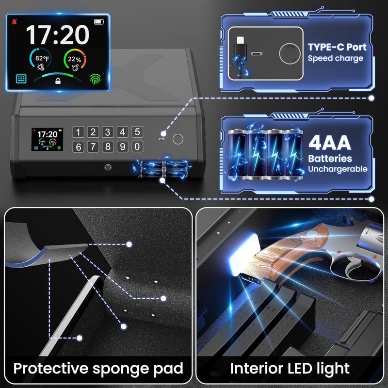 Gun Safe,3 Ways Biometric Pistol Safe with LCD Display of