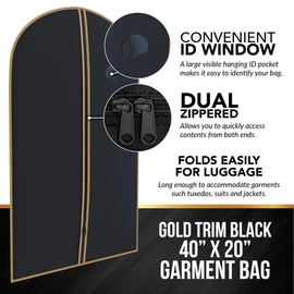 Your Bags Black/Gold Garment Bag Dress Cover or Suit Bag for Travel - 40"x24" Garment Bags for Travel - Garment Bags for Hanging Clothes and Closet Storage - Dress Travel Garment Bag for Men & Women