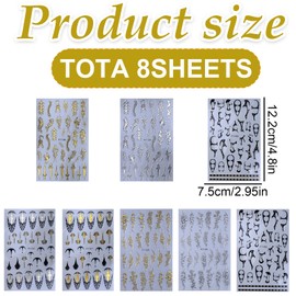 Puzxo 8 Bögen Gothic Nagelsticker, Punk Gürtel Nagelabziehbilder, 3D Selbstklebend Gold Silber Linie Nailart Sticker, Retro Punk Style Dornen Flammenlinien