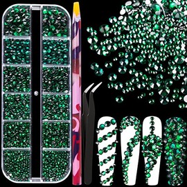 6 Sizes Green Glass Crystal Kit with Pickup Pen + Tweezer Tools for Shine Nail Art Manicure Makeup DIY Decoration Flatback Round Rhinestone Gem Jewelry Diamond
