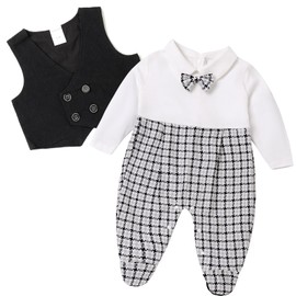 Gooulfi Half Way To One First Thanksgiving Baby Boy Outfit,Black Baby Overalls Romper, 2 Pcs Vest Romper Dress Up Clothes For Boys,3-6 Months